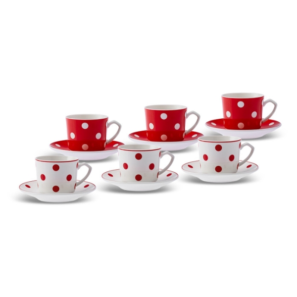 6 Pieces Nokta Porcelain Coffee Cup Set 80 ml - Red / White