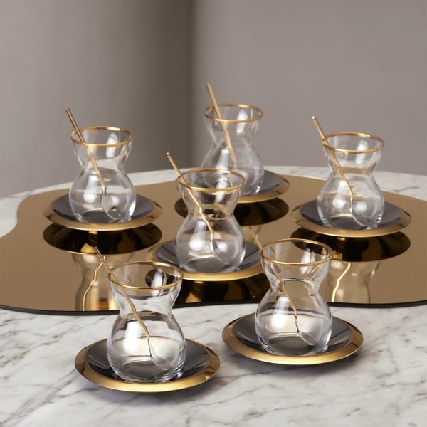 18 Pieces Lacin Glass Tea Cup Set 120 ml - Gold
