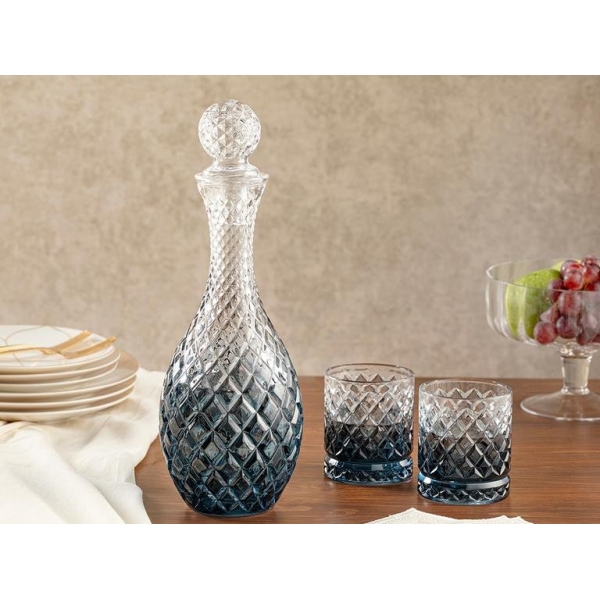 3 Pieces Glossy Glass Carafe Set 1300 Ml - Navy Blue