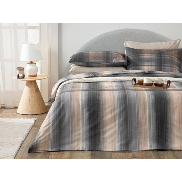 3 Pieces Flowing Plaid Cotton Double Duvet Cover Set 200 x 220 Cm - Anthracite / Beige