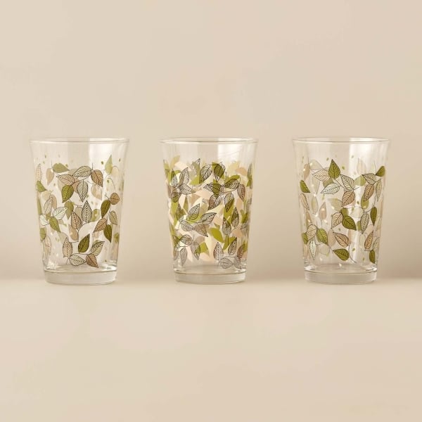 3 Pieces Black Leaf Glass Water 290 cc - Green 