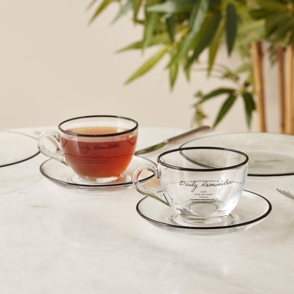 2 Pieces Daily Reminder Glass Tea Cups Set 240 cc - Black / Transparent