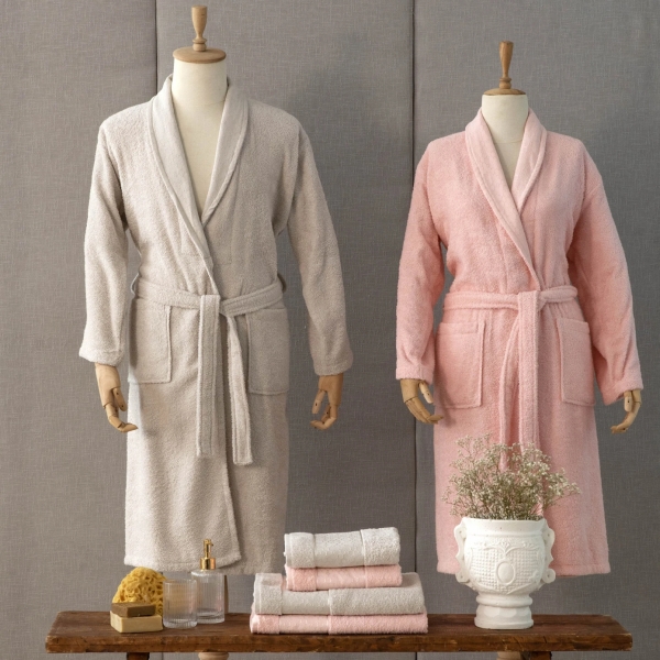 6 Pieces Casita Flos Family Bathrobe Set S/M, L/XL - Stone / Powder Pink