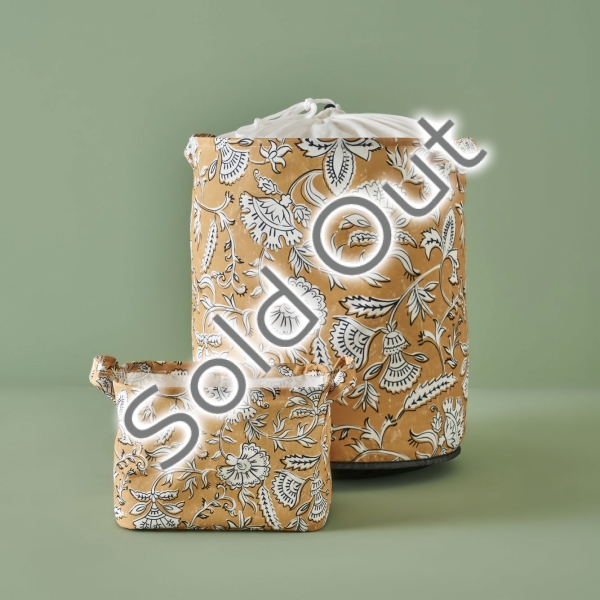 2 Pieces Indian Laundry Basket Set 36 x 40 + 24 x 17 x 14 cm - Mustard / White