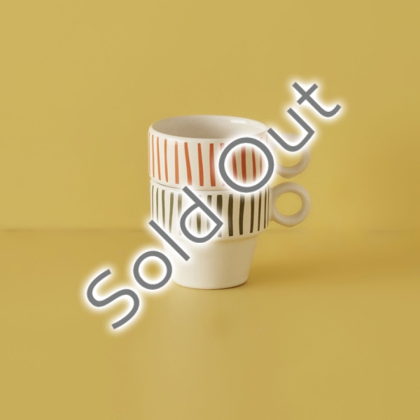 2 Pieces Stripe Espresso Ceramic Coffee Cups Set 105 ml - White / Red