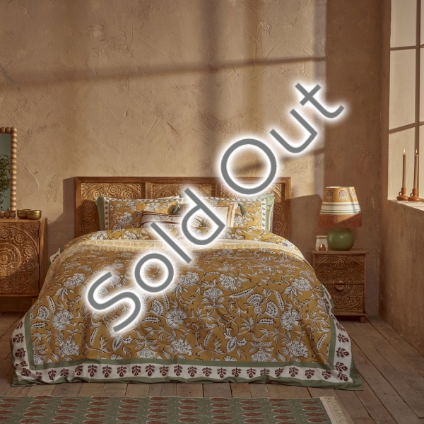 2 Pieces Satin Indian Cotton Single Duvet Cover Set 160 x 220 - White / Green / Mustard