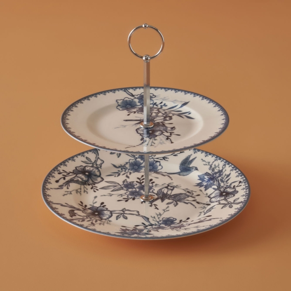 2 Layers Bleu Blanc Porcelain Cookie Stand 21 x 25 cm - Blue / White