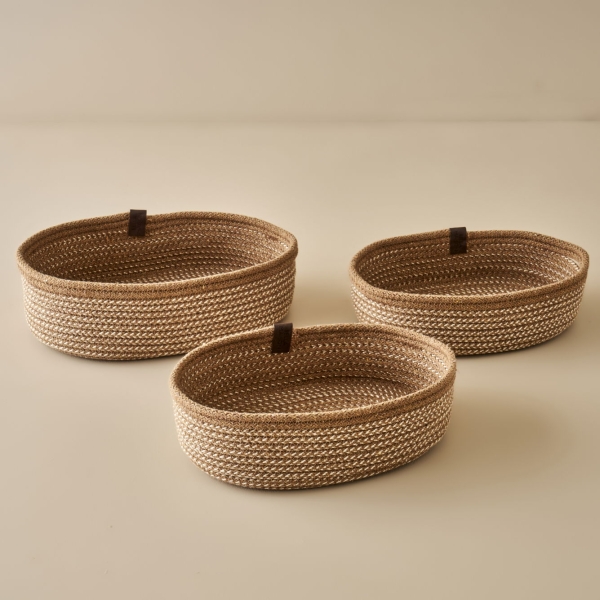 3 Pieces Arya Cotton Handmade Oval Basket - Beige