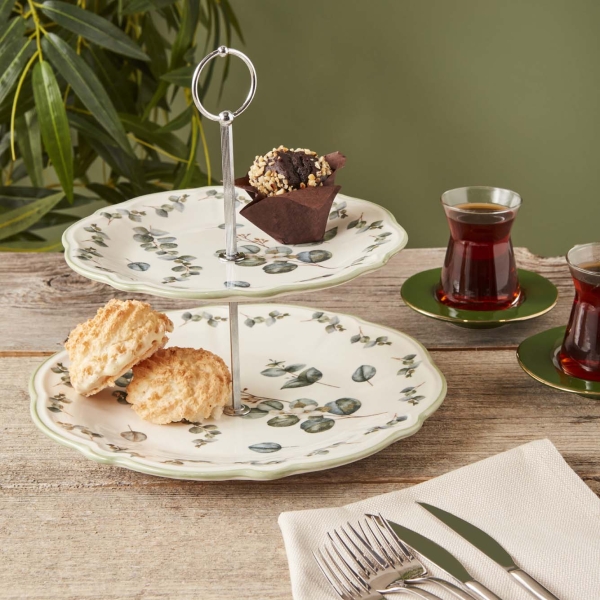 2 Tiers Eucalyptus Stoneware Cookie Stand - Green