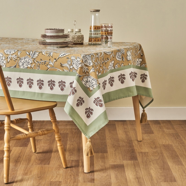 Indian Cotton Tablecloth 153 x 250 cm - Mustard / Green / White / Brown