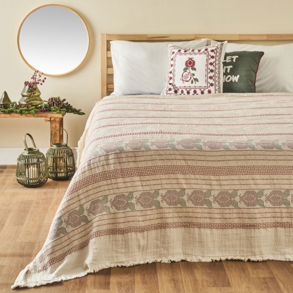 Jolly Jacquard Cotton Double Bedspread 220 x 240 cm - Red / Green
