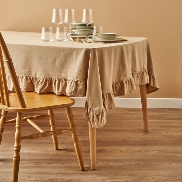 Elegance Ruffle Edge Cotton Tablecloth 150 x 250 cm - Beige