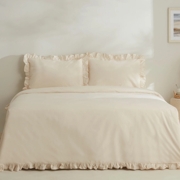 4 Pieces Pure Ruffle Cotton 200 x 220 cm Double Duvet Cover Set - Light Beige
