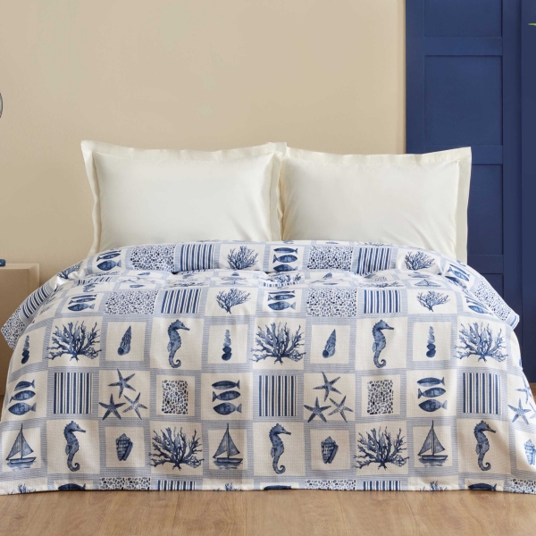 160 x 220 cm Lauren Cotton Single Pique - Indigo / White