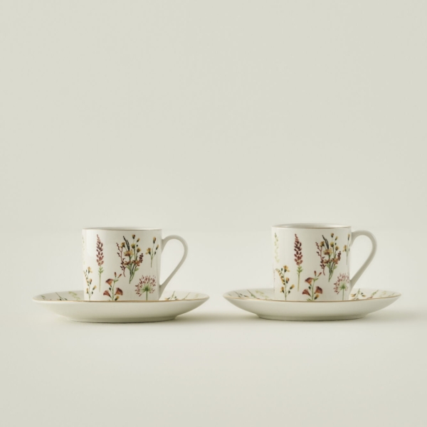 2 Pieces Flores Porcelain 90 ml Coffee Cup Set - Multicolor