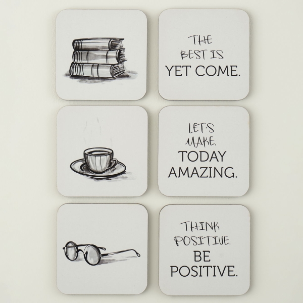 6 Pieces Learn 10 cm Coasters Set - Black / White