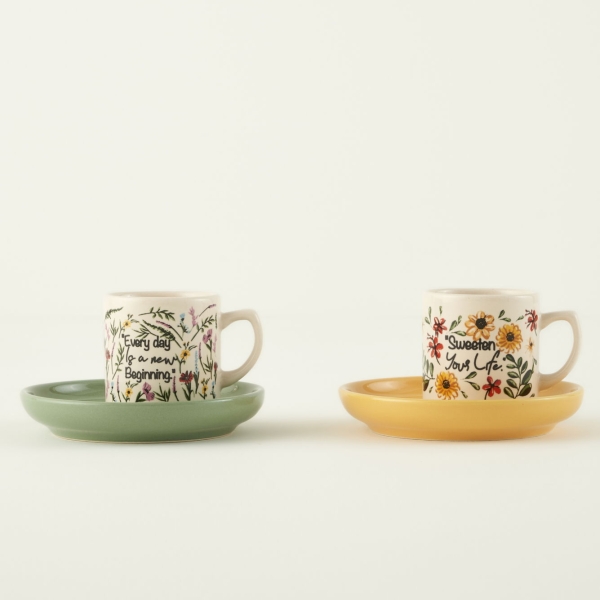 2 Pieces Flores Ceramic 105 ml Coffee Cup Set- Multicolor