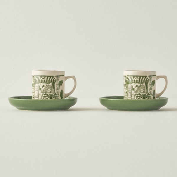 2 Pieces Scene Ceramic 105 ml Coffee Cup Set - Green