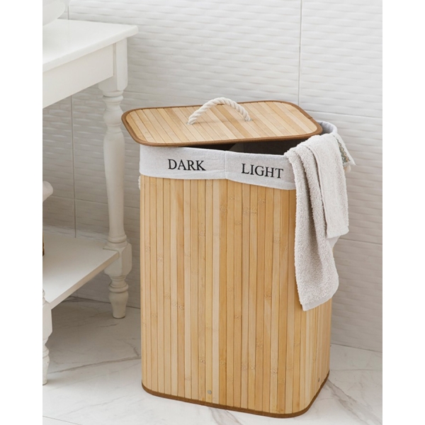 Fancy Bamboo Foldable Two-Compartment Laundry Basket 40x30x60 cm Beige