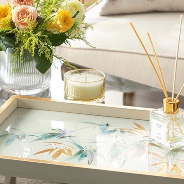 Bamboo Glass Decorative Tray 31x46 cm Cream-Gold