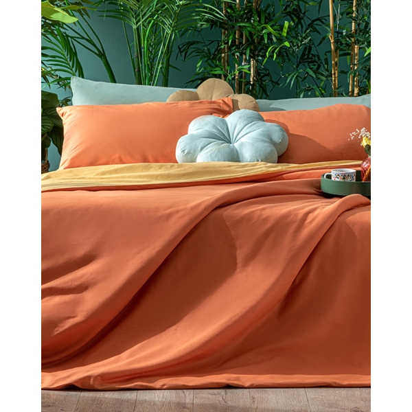 Plain Cotton Double Person Duvet Cover Set 200x220 cm Peach - Mustard