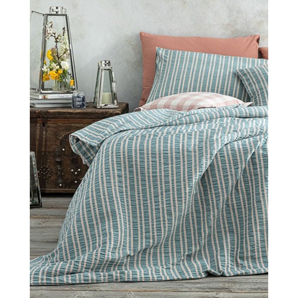 Crispate Seersucker For One Person Duvet Cover Set 160x220 cm Petrol Blue – Coral