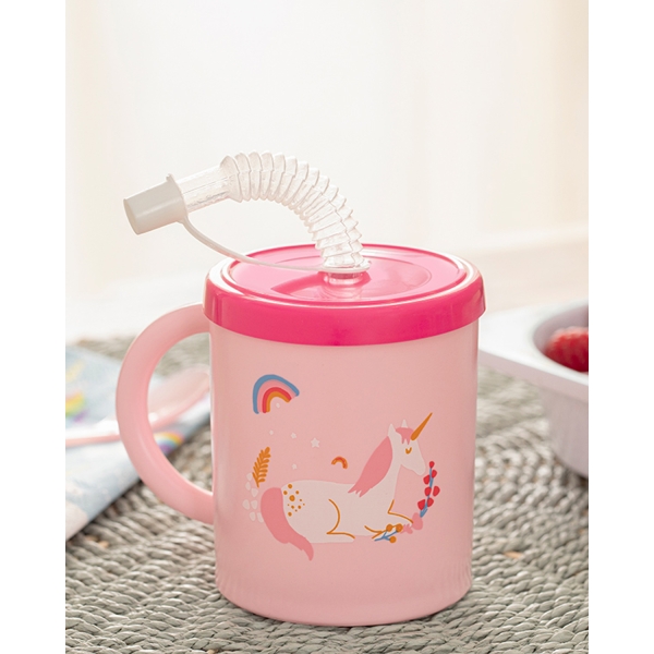 Little Unicorn Plastic Cup With Straw 210 Ml Pink