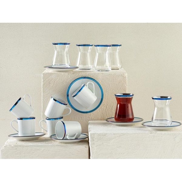 Bovia Porcelain 18 Pieces Tea-Coffee Set for 6 Persons 100-130 Ml Blue