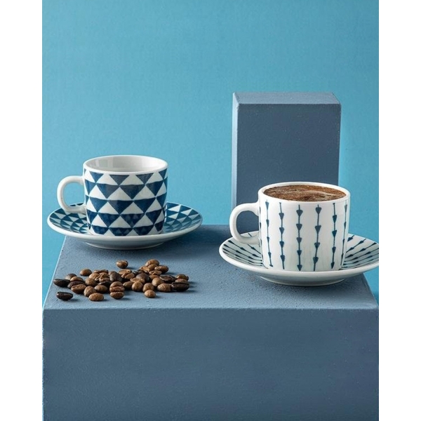 Trin Porcelain 4 Pieces 2 Person Coffee Cup Set 80 mL Dark Blue