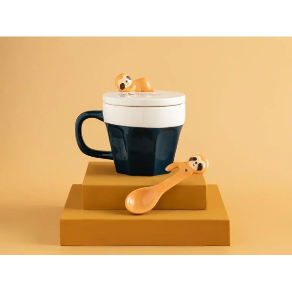 Sweet Sloth Dolomite Lidded with spoon Cup 340 ml Dark Blue.