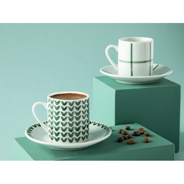 Leno Porcelain 4 Pieces 2 Person Coffee Cup Set 80 ml Green
