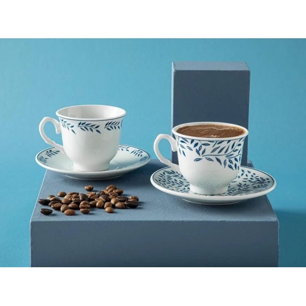 Blatt Porcelain 4 Pieces 2 Person Coffee Cup Set 80 ml Dark Blue