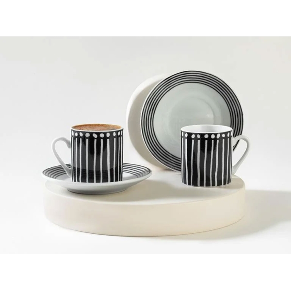 Linette Porcelain 4 Pieces 2 Person Coffee Cup Set 80 ml Black