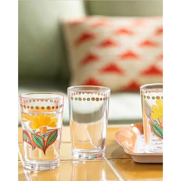 Exotic Flower Glass 6 Set Served with Coffee Water Glass 110 ml Pink-Orange