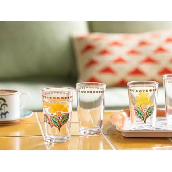 Exotic Flower Glass 6 Set Served with Coffee Water Glass 110 ml Pink-Orange