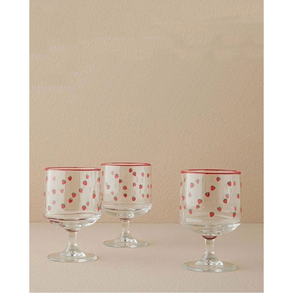 Strawberry Glass 3 Pieces Ice Cream  Cup 300 ml Red