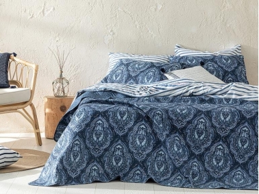 Deep Damask Multi-Purpose Double Bedspread Set 200x220 Cm Navy Blue