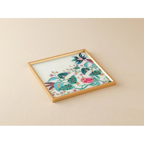 Exotic Leaves Glass Decorative Tray 33x33 cm White-Gold
