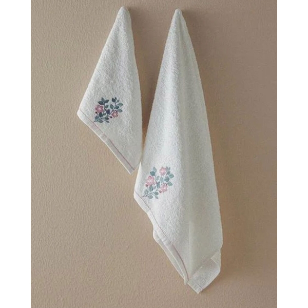 Violet Cotton Embroidered Face Towel Set 50x80+30x45 cm Ecru