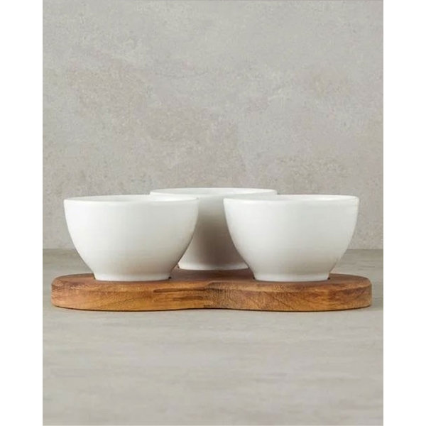 Mabel Porcelain With Wooden Stand 4 Pcs Bowl 10 cm White
