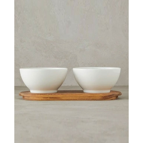 Madera Porcelain With Wooden Stand 3 Pcs Bowl 14 cm White