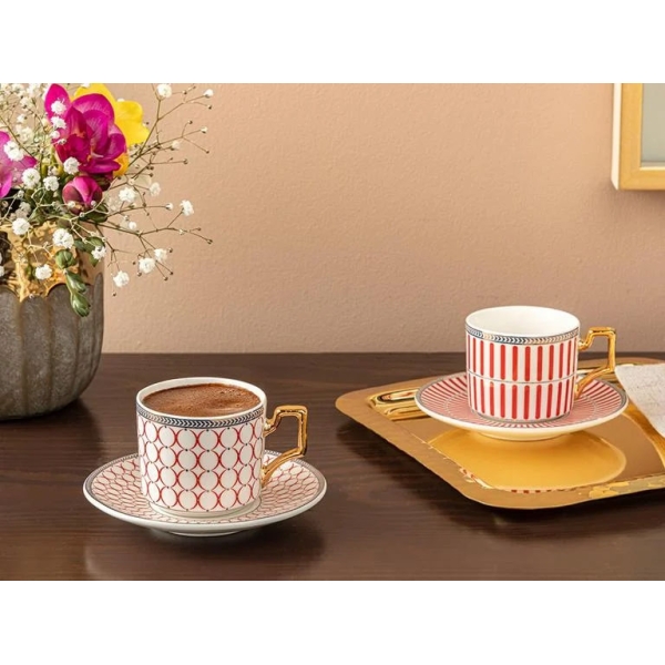 Rabecca New Bone China 4 Pieces 2 Servings Coffee Cup Set 90 ml Red