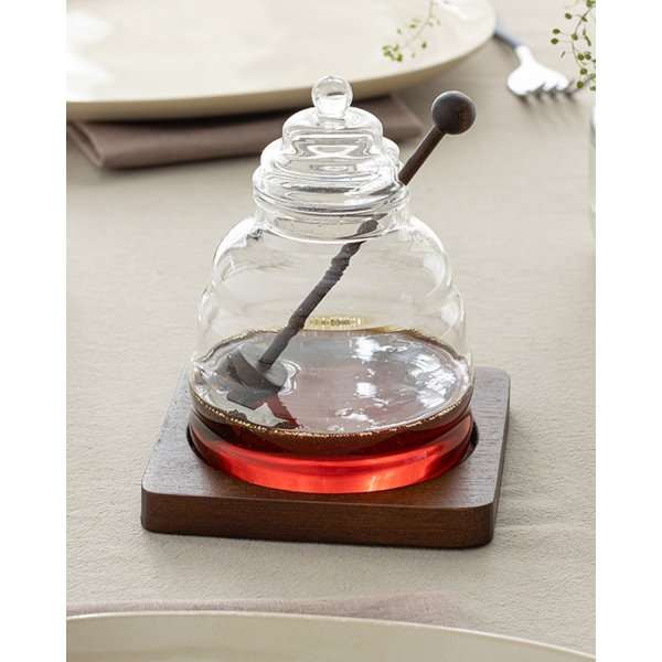 Lazio Borosilicate With Wooden Stand and Spoon Honey Jar 500 ml Transparent