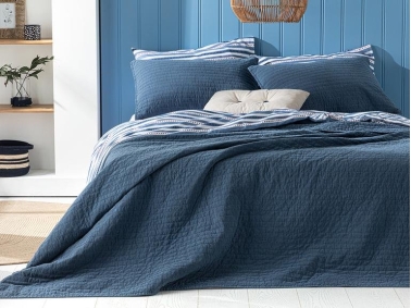 Ancient Stripe Quilted Antique Painting Double Bedspread Set 240x260 Cm Blue
