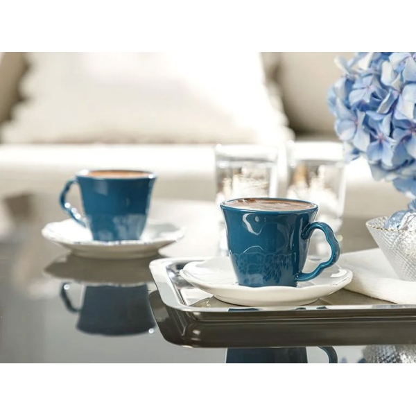 Clover Flower Porcelain 4 Pieces 2 People Coffee Cup Set 80 ml White-Blue