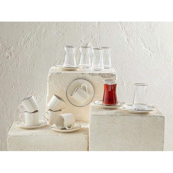 Novia Porcelain 18 Pieces 6 Servings Tea-Coffee Set 80-160 ml Silver