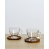 Glass With Wooden Plate 4-Piece 2 Servings Tea Cup Set 255 ml Transparent