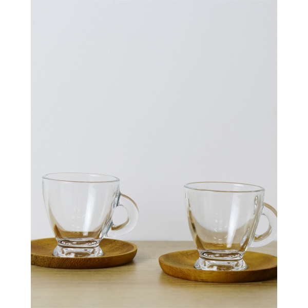 Glass With Wooden Plate 4-Piece 2 Servings Coffee Cup Set 95 ml Transparent