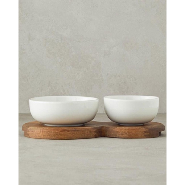 Madras Porcelain With Wooden Stand 3 Pcs Bowl 13+16 cm White
