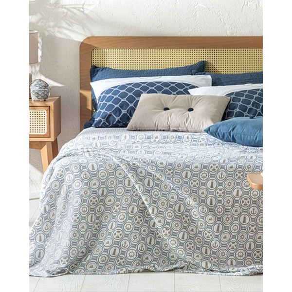 Nautical Printed Double Size Summer Blanket Set 200x220 cm Navy Blue
